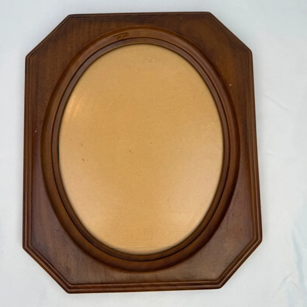 Vintage Octagon Wood Picture Frame Oval Opening Brown Wall Decor 9.5x12.5